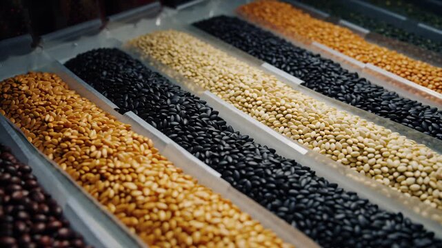 Colorful rows of beans and seeds aligned in containers, natural agricultural product and food diversity scene. World Food Day