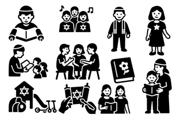 Synagogue Activities Icons. Solid style icons of synagogue youth and children: child reading Torah, youth choir, bar mitzvah boy,