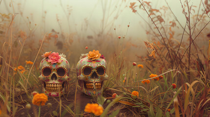 Colorful sugar skulls with flowers in autumn field &ndash; D&iacute;a de los Muertos and Halloween decoration