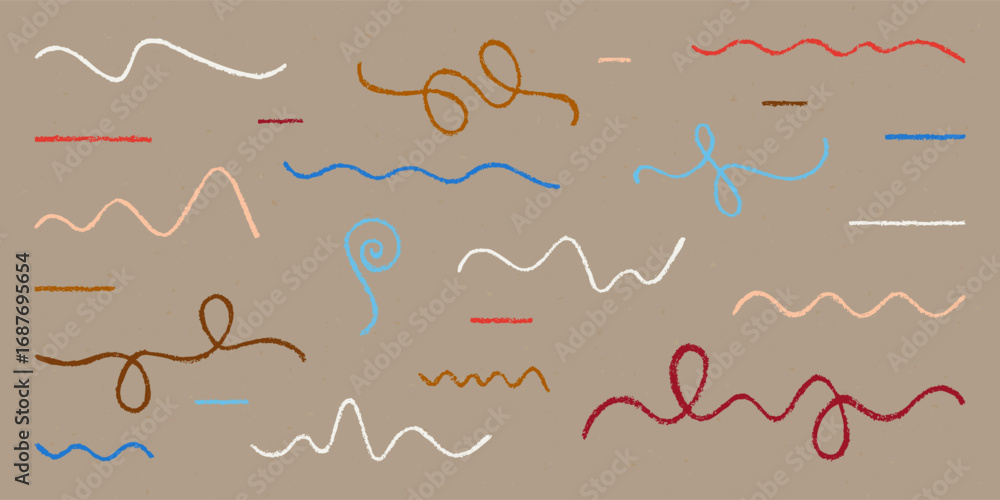 Wall mural realistic chalk drawn sketch. set of design elements abstract wavy lines and curls isolated on craft