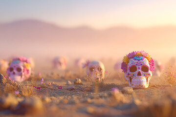 Sugar skull with colorful flowers in desert sunrise &ndash; D&iacute;a de los Muertos and Halloween celebration