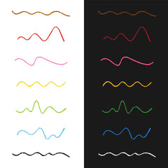 Set of Design Elements Hand-drawn Wavy Lines of Different Colors Isolated on White and Dark Backdrops. Style of Children's Drawing.