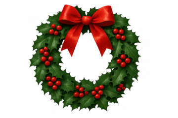 Christmas holly wreath with red bow and berries on transparent background