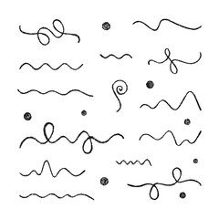 Set of Design Elements Hand-drawn Black Scribbles, Wavy Lines, Curls, Circles Isolated on White Backdrop. Style of Children's Drawing.