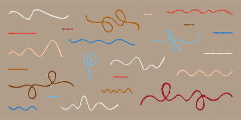 Realistic Chalk Drawn Sketch. Set of Design Elements Abstract Wavy Lines and Curls Isolated on Craft Paper.