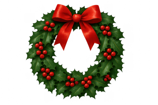 Christmas holly wreath with red bow and berries on transparent background
