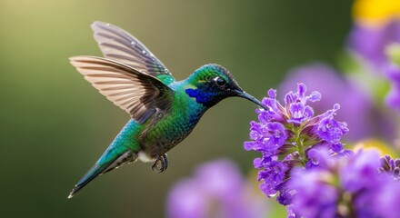 Obraz premium A stunning, vibrant hummingbird with iridescent green and blue feathers is captured in mid-air, hovering as it feeds on the nectar of a purple flower. A beautiful moment of wildlife in nature.