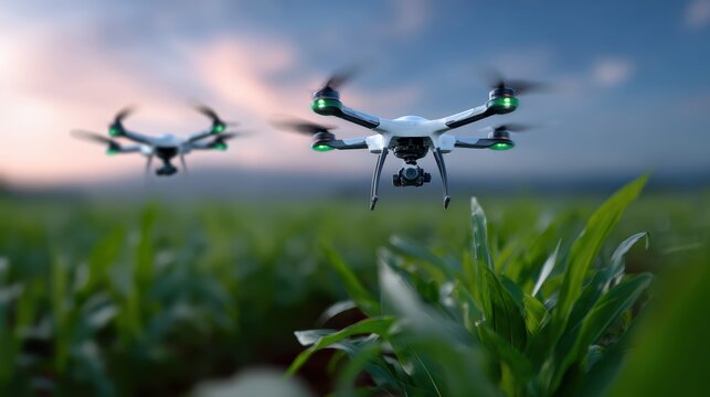 agricultural technology concept, drones flying over farmland, precision farming, futuristic smart agriculture innovation