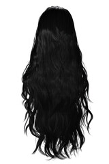 A long, wavy, black wig isolated on a transparent background, showcasing its volume and texture