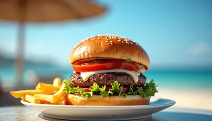 Juicy grilled hamburger with fresh lettuce and tomato, melted cheese on a sesame seed bun. Served with golden french fries on a white plate. Sunny beach and ocean view background.