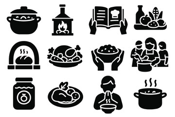 Traditional Cooking Icons. Solid style icons of food and cooking traditions: clay pot meal, woodfire stove, passed-down recipe,