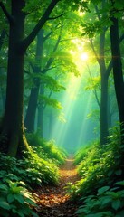 Obraz premium Lush green forest canopy, dappled sunlight filtering through leaves, creating a magical, serene atmosphere Perfect for nature, environment, and travel themes , nature, vegetation