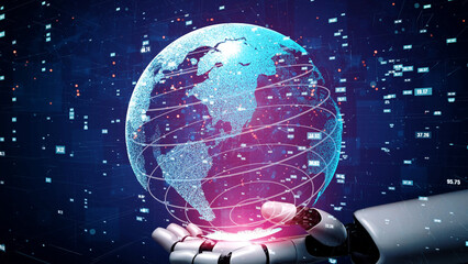 A futuristic robot hand cradles a glowing digital globe, illustrating global connectivity and technological advancement within a virtual landscape rich with data. Xenic