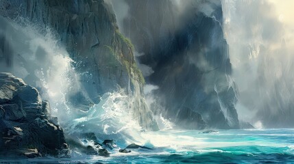 Powerful ocean waves crashing against rocky cliffs on a misty, moody day