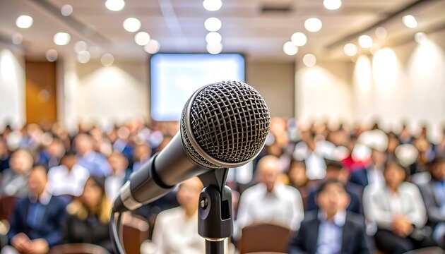 A microphone in focus, positioned in front of a large audience in a conference hall