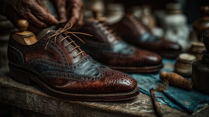 Skilled artisan crafts elegant leather shoes in a traditional workshop showcasing craftsmanship and detail