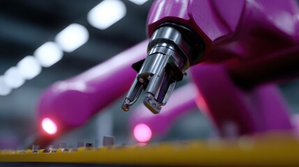 robotics manufacturing facility, automated robotic arms assembling electronics, neon ambient industrial lighting