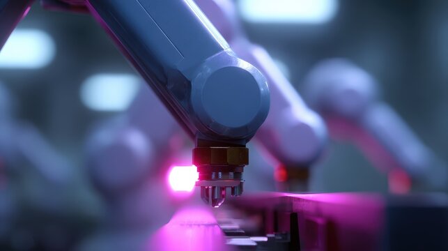robotics manufacturing facility, automated robotic arms assembling electronics, neon ambient industrial lighting