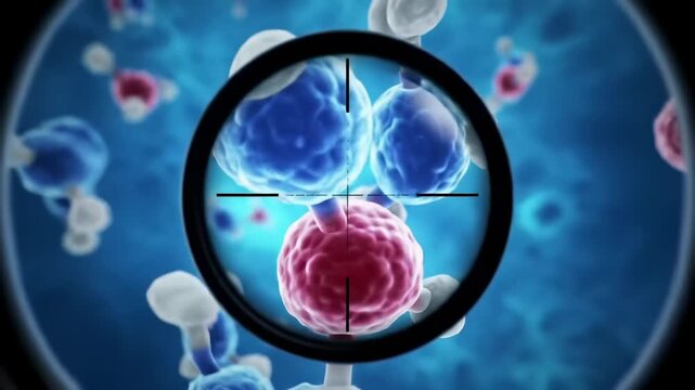 Microscopic Cell Targeting Crosshairs focus on a single cell amidst a blue cellular background