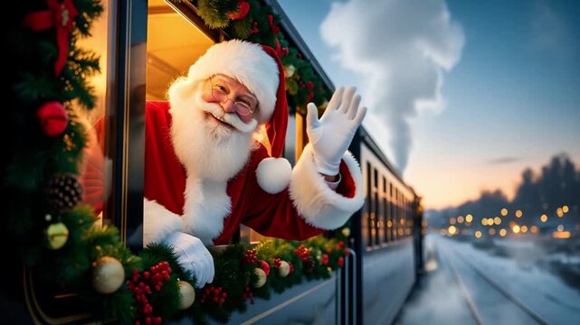 Santa Claus waves cheerfully from the window of a train decorated with festive garlands. Christmas travel concepts and festive holiday mood. 4K