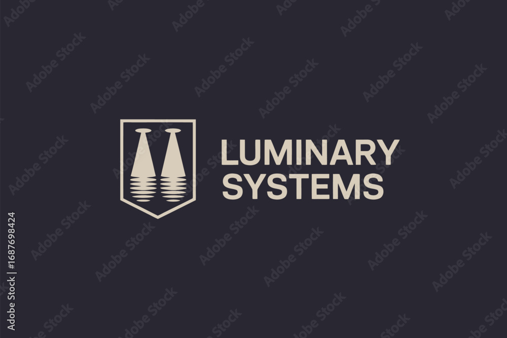 Poster luminary systems logo featuring two light beams in a shield on a dark background with text beside it