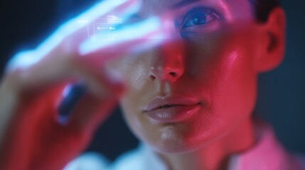 tech support office, engineer interacting with holographic interface, neon lighting, futuristic troubleshooting scene