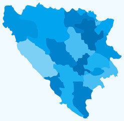 Map of Bosnia and Herzegovina with regions. Just a simple country border map with region division. Light blue color palette. Blank Bosnia and Herzegovina shape with administrative division.