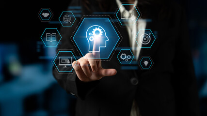 Head with gear and icons representing learning, digital training, and development process, showing skill growth for human or AI systems through knowledge or task optimization Latch