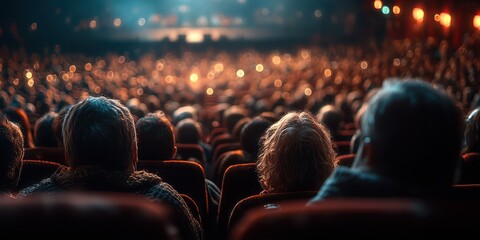 Crowd of spectators seated in an auditorium during a performance with lights dimmed and warm ambiance in the evening
