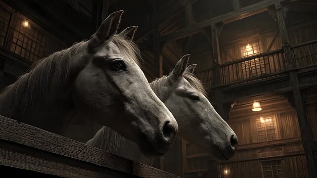 The serene gaze of two white horses in an old stable