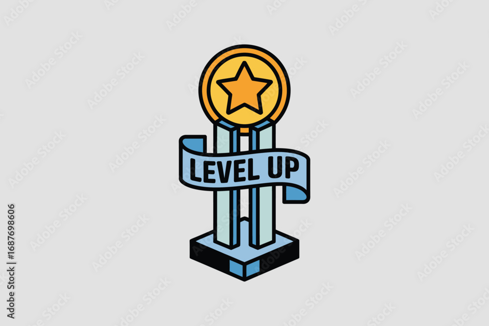 Poster illustration of a level up trophy with a star on top and a banner that says level up on a light gray