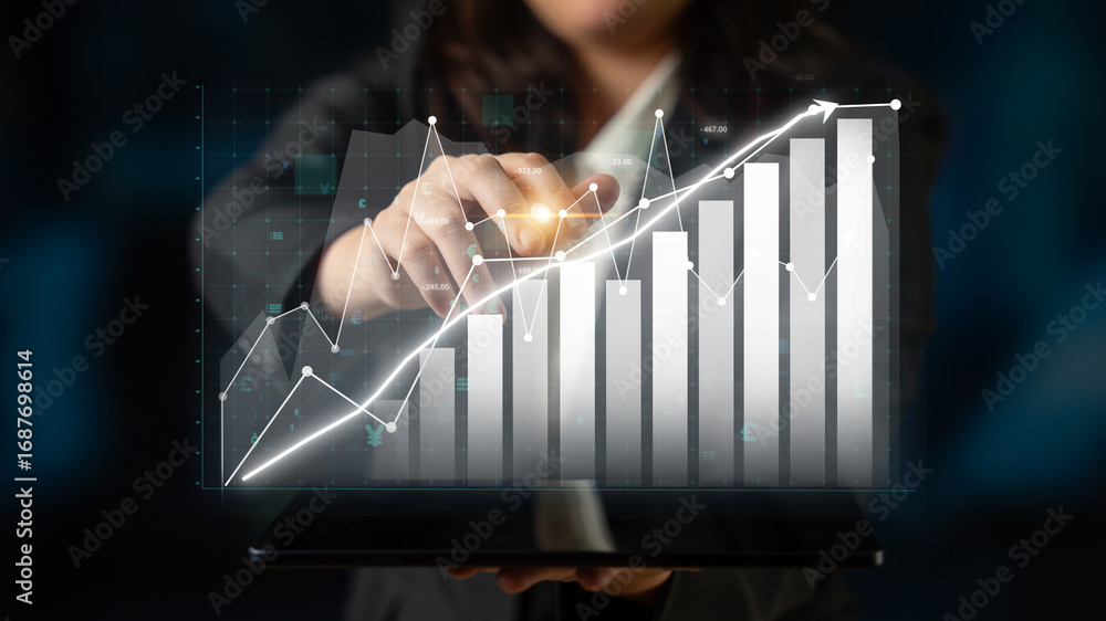 Poster a business professional interacts with a digital tablet displaying financial graphs and growth data,