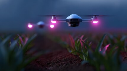 smart farming tech, drones scanning crops, automated irrigation system, neon futuristic smart agriculture