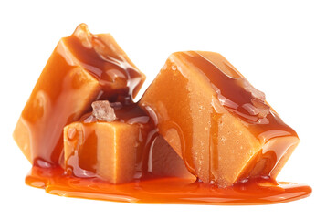 Delicious sweet caramel pieces in liquid caramel sauce isolated on a white background. Soft caramel with sea salt.