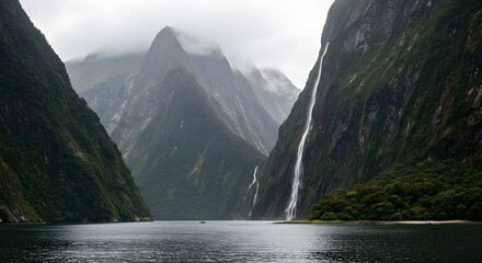 Majestic Waterfall and Mountain Range: Witness the raw beauty of nature as a powerful waterfall cascades down the steep face of a mountain. Capturing a harmonious blend of water, rock.