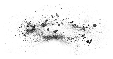 Black charcoal particles isolated on a white background, top view. Scattered black charcoal powder, exploding effect.