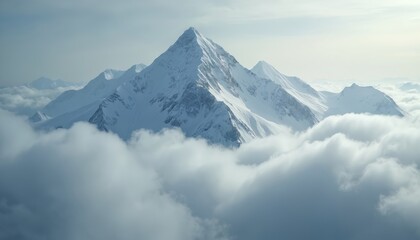 Fototapeta premium Majestic snowy mountain peak emerges from sea of white clouds. Majestic mountain range covered in snow, ice under pale sky. Dramatic winter landscape scene. High altitude wilderness, pristine natural