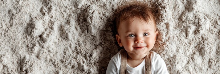 Cute baby with tousled hair smiling on textured surface at home during afternoon playtime
