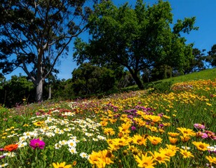 Vibrant wildflowers carpet a sunny hillside