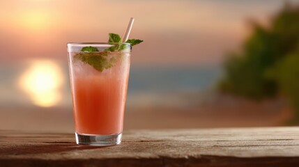 tropical cocktail on wooden table, beach background, sunset reflection
