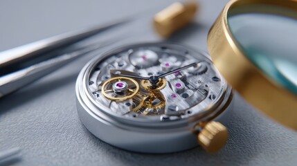 ultra detailed top view of a mechanical watchmaker is desk with gears, tools, and magnifying glass