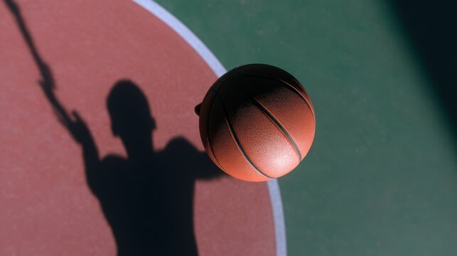 cinematic top view of a basketball court during a slam dunk, player is shadows stretching across the floor