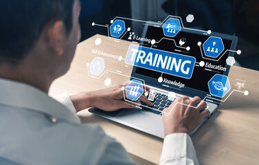 This image illustrates the concept of digital training and education, showcasing a person engaging with virtual learning tools on a laptop for skill enhancement. Tessel
