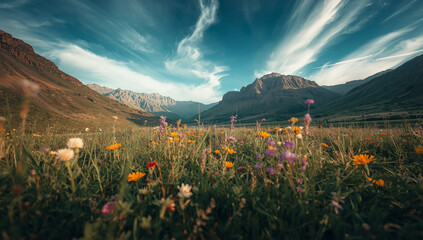 Golden sunlight over lush green grass and diverse wildflowers with rugged mountain backdrop for desktop wallpaper, social media storytelling, wellness retreat marketing, environmental campaign