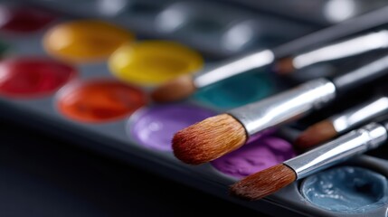 vibrant top view of a watercolor palette with paints blending together, surrounded by brushes