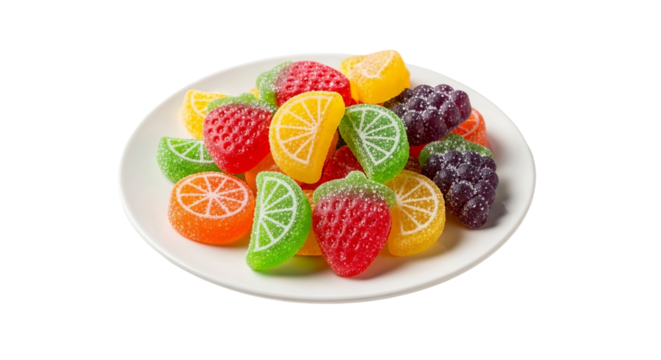 A vibrant assortment of colorful fruit-shaped gummy candies, including strawberries, limes, oranges, and grapes, artfully arranged on a white plate