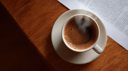 moody top view of half-typed manuscript with steaming cup of coffee