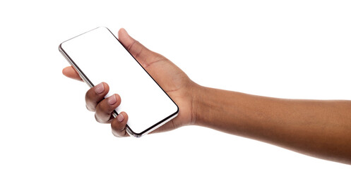 Black female hand holding smartphone with blank screen isolated on white background. Panorama with...