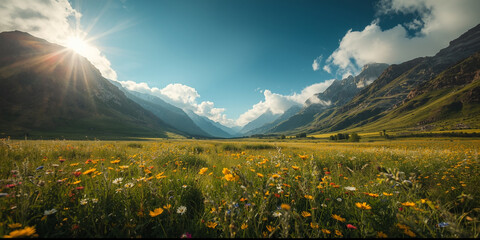 Cinematic view of wildflower-filled valley with towering mountains and drifting white clouds for documentary stills, tourism promotion, motivational poster, mindfulness content, nature photography