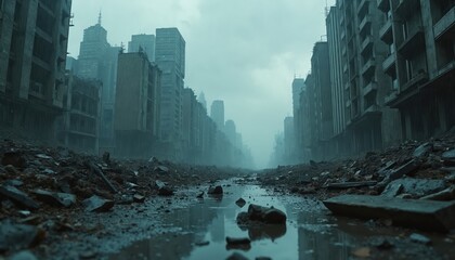 Gloomy desolate dystopian cyberpunk cityscape after destruction. Rows of ruined buildings line debris-filled streets. Puddles reflect overcast sky. Science fiction scene suggests, post-apocalyptic